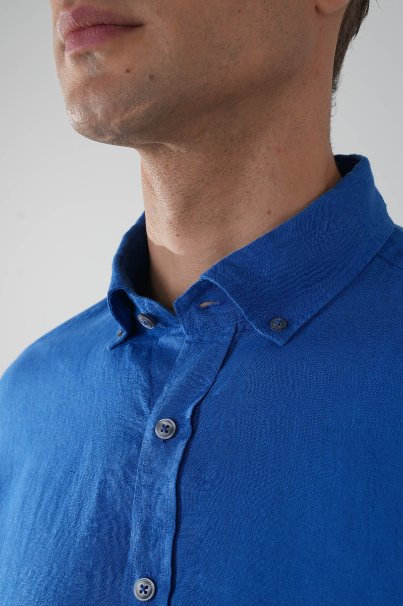 Regular Fit Sedef Düğmeli Uzun Kol Keten Erkek Gömlek - 3