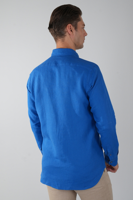 Regular Fit Sedef Düğmeli Uzun Kol Keten Erkek Gömlek - 2