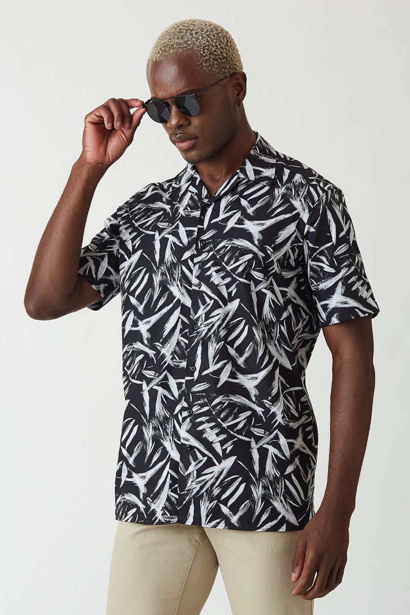 Regular Fit Siyah Desenli Kısa Kollu Spor Erkek Gömlek - 5