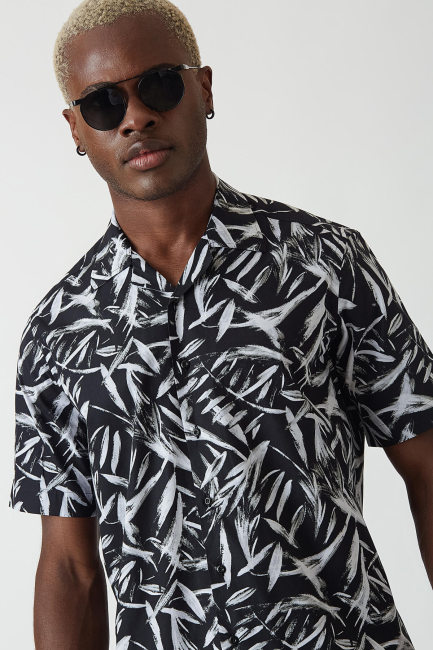Regular Fit Siyah Desenli Kısa Kollu Spor Erkek Gömlek - 4