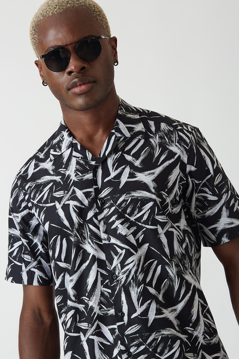 Regular Fit Siyah Desenli Kısa Kollu Spor Erkek Gömlek - 4