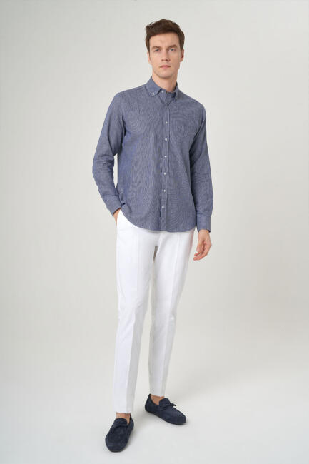 Regular Fit Spor Lacivert Pamuk Keten Erkek Gömlek - 4