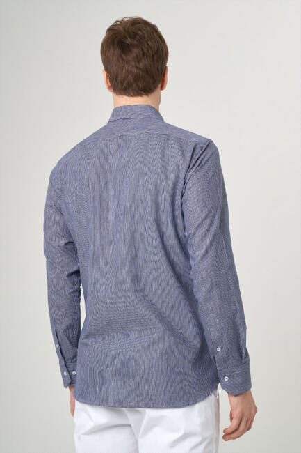 Regular Fit Spor Lacivert Pamuk Keten Erkek Gömlek (1)