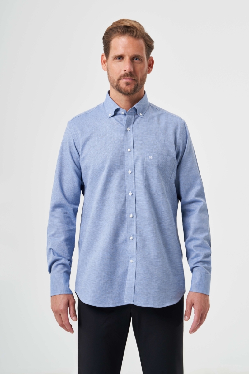 Regular Fit Spor Mavi Keten Erkek Gömlek - 1