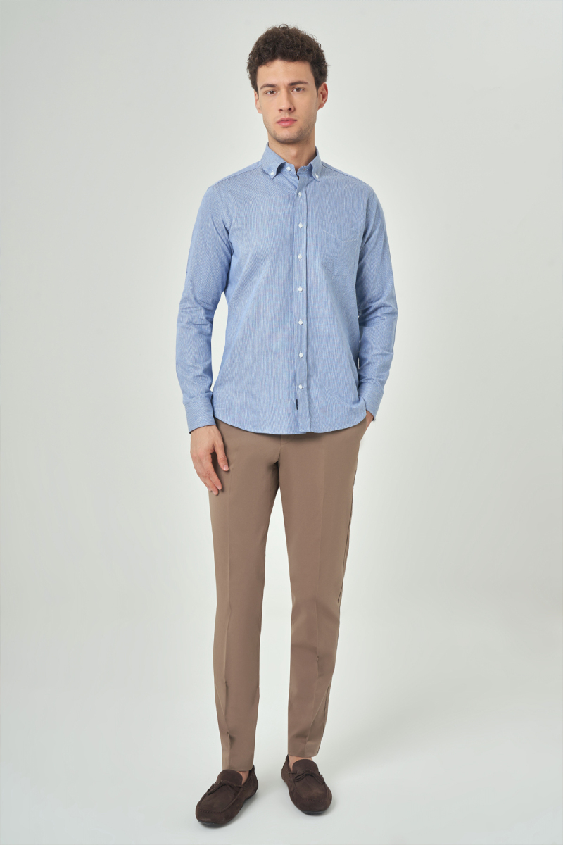 Regular Fit Spor Mavi Pamuk Keten Erkek Gömlek - 4