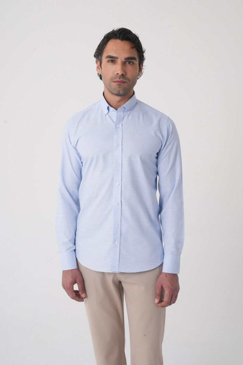 Regular Fit Spor Yaka Çift Pamuk Mavi Erkek Gömlek