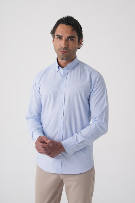Regular Fit Spor Yaka Çift Pamuk Mavi Erkek Gömlek (1)