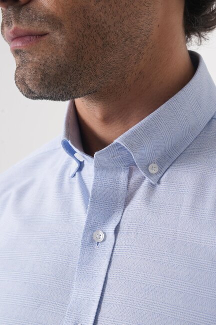Regular Fit Spor Yaka Çift Pamuk Mavi Erkek Gömlek - 5