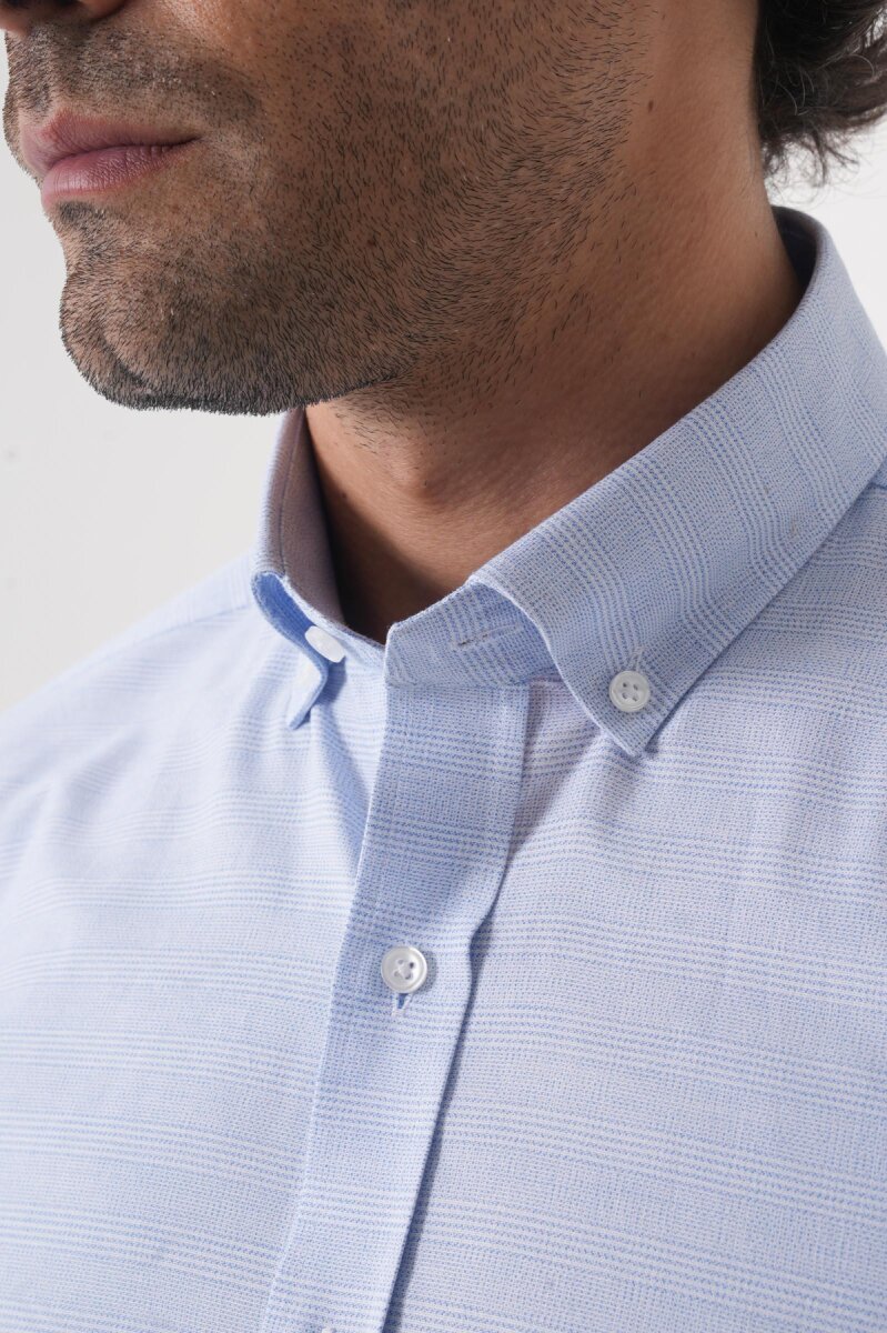 Regular Fit Spor Yaka Çift Pamuk Mavi Erkek Gömlek - 5