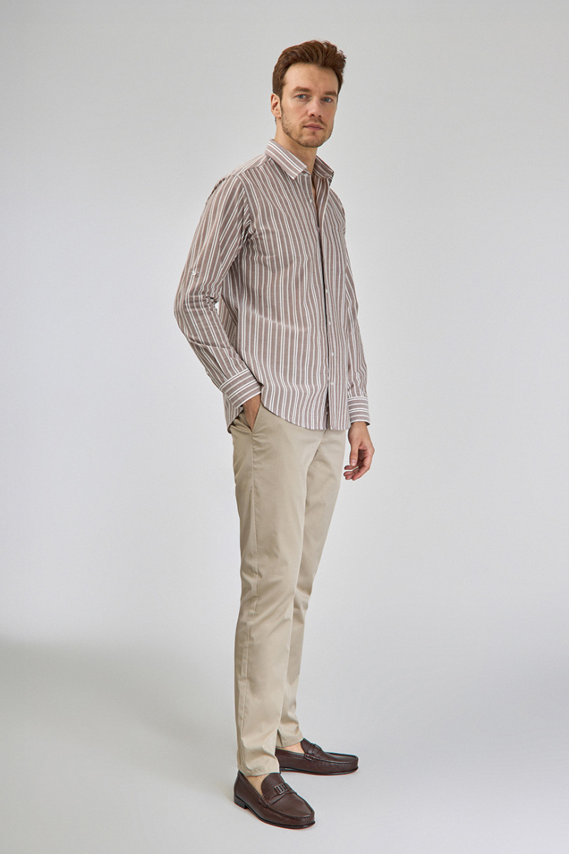 Regular Fit Spor Yaka Çizgili Açık Kahve Pamuk Erkek Gömlek - 2