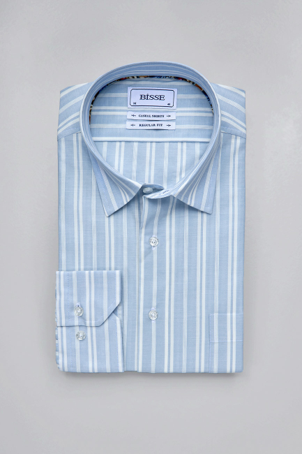Regular Fit Spor Yaka Çizgili Açık Mavi Pamuk Erkek Gömlek - 3