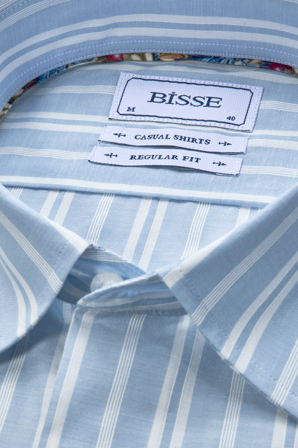 Regular Fit Spor Yaka Çizgili Açık Mavi Pamuk Erkek Gömlek - 4