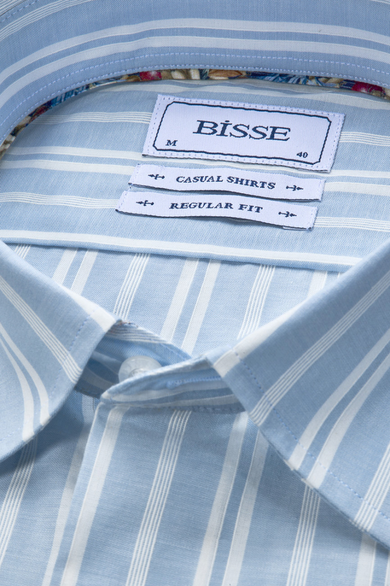 Regular Fit Spor Yaka Çizgili Açık Mavi Pamuk Erkek Gömlek - 4