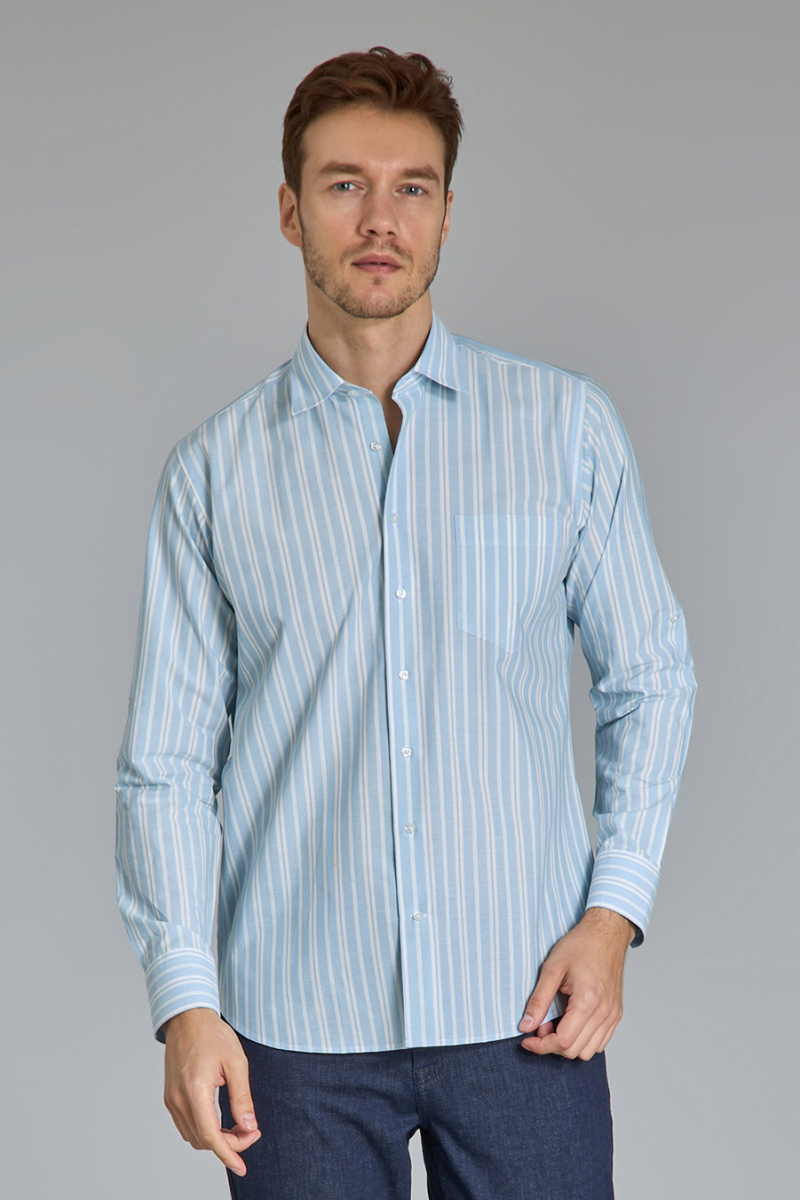 Regular Fit Spor Yaka Çizgili Açık Mavi Pamuk Erkek Gömlek (1)