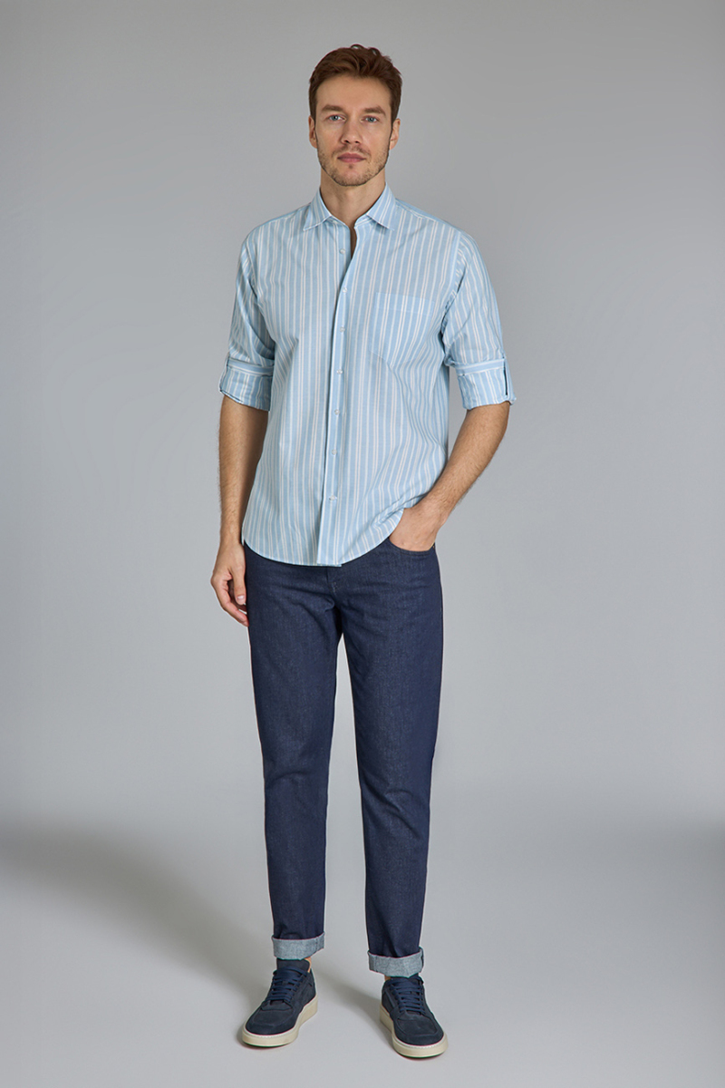 Regular Fit Spor Yaka Çizgili Açık Mavi Pamuk Erkek Gömlek - 5
