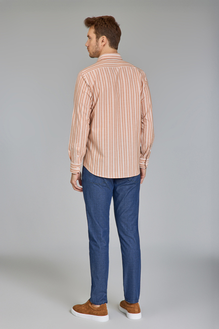 Regular Fit Spor Yaka Çizgili Somon Pamuk Erkek Gömlek - 6