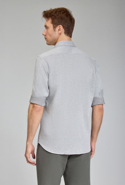 Regular Fit Spor Yaka Gri Pamuk Keten Erkek Gömlek - 5