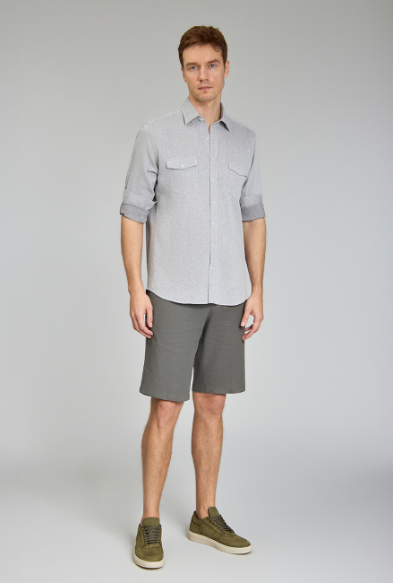 Regular Fit Spor Yaka Gri Pamuk Keten Erkek Gömlek - 2