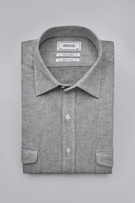 Regular Fit Spor Yaka Gri Pamuk Keten Erkek Gömlek - 3