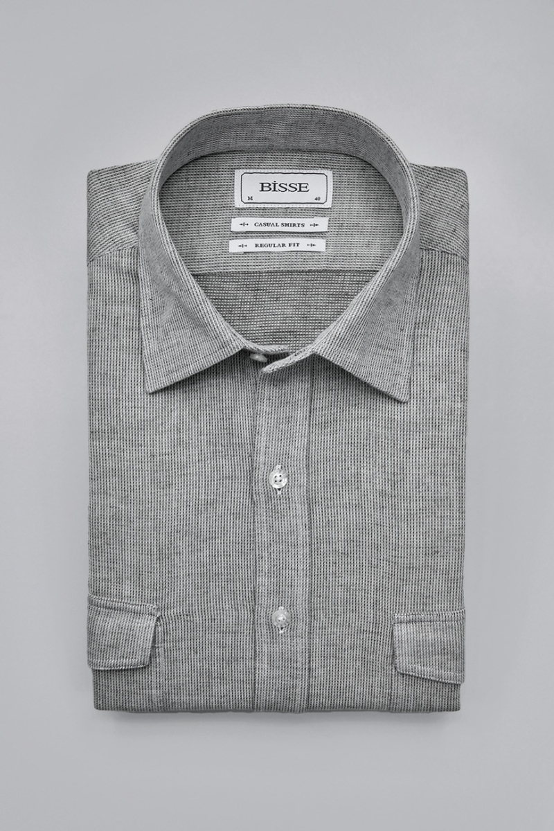 Regular Fit Spor Yaka Gri Pamuk Keten Erkek Gömlek - 3