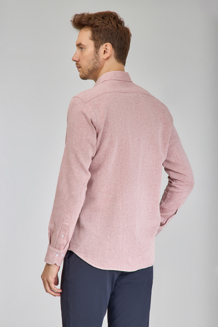 Regular Fit Spor Yaka Kırmızı Pamuk Keten Linen Erkek Gömlek - 6