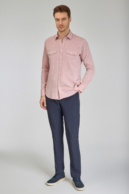 Regular Fit Spor Yaka Kırmızı Pamuk Keten Linen Erkek Gömlek (1)