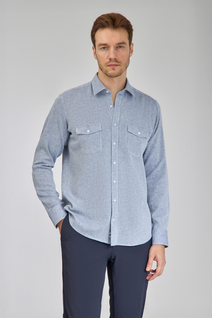Regular Fit Spor Yaka Mavi Pamuk Keten Linen Erkek Gömlek