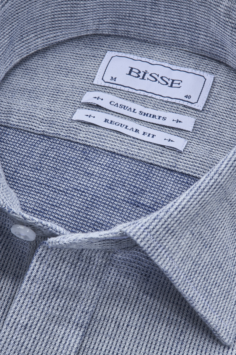 Regular Fit Spor Yaka Mavi Pamuk Keten Linen Erkek Gömlek - 3