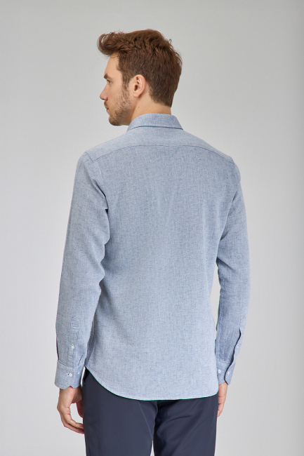 Regular Fit Spor Yaka Mavi Pamuk Keten Linen Erkek Gömlek - 6