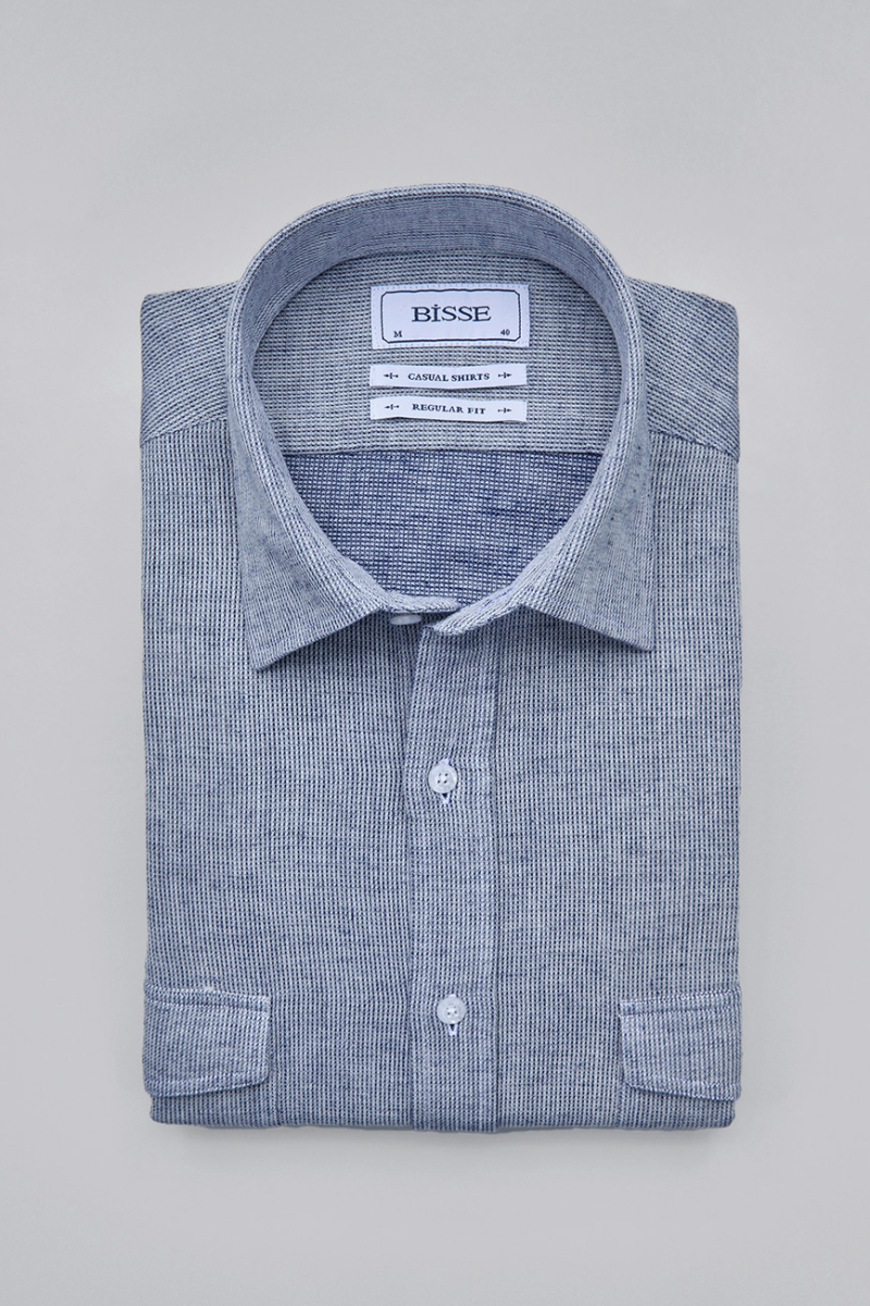 Regular Fit Spor Yaka Mavi Pamuk Keten Linen Erkek Gömlek - 4