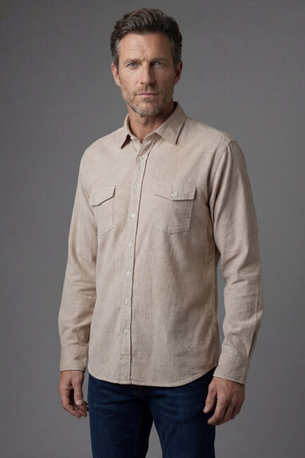 Regular Fit Spor Yaka Pamuk Keten Sarı Erkek Gömlek Sarı