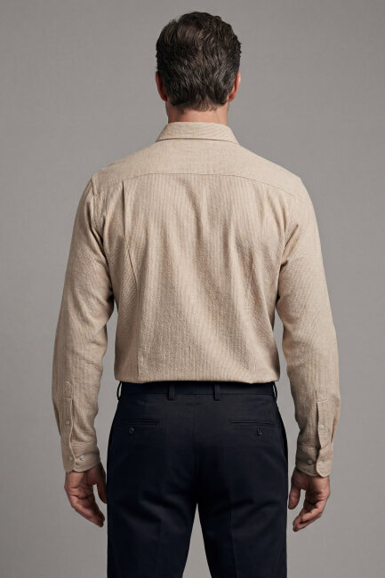 Regular Fit Spor Yaka Pamuk Keten Sarı Erkek Gömlek - 2