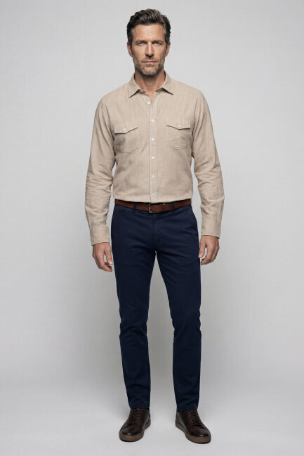 Regular Fit Spor Yaka Pamuk Keten Sarı Erkek Gömlek - 5