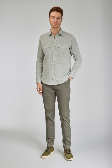 Regular Fit Spor Yaka Yeşil Pamuk Keten Erkek Gömlek - 2