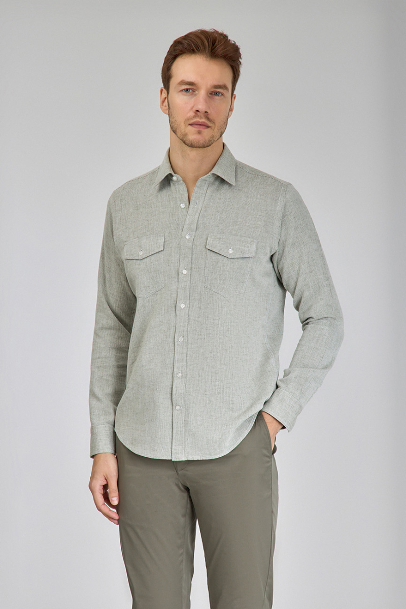 Regular Fit Spor Yaka Yeşil Pamuk Keten Erkek Gömlek - 5