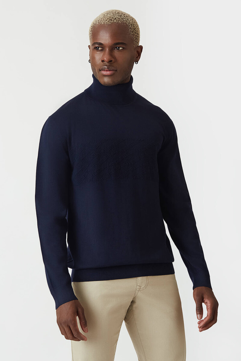 Regular Fit Tam Balıkçı Yaka Lacivert Erkek Triko - 1