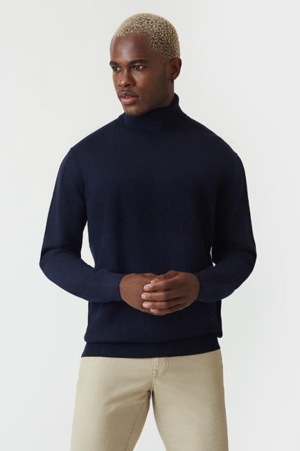 Regular Fit Tam Balıkçı Yaka Lacivert Erkek Triko - 5