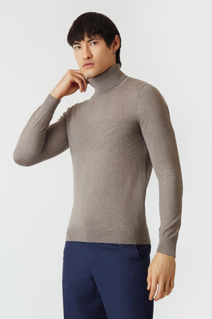 Regular Fit Tam Balıkçı Yaka Vizon Erkek Triko - 4