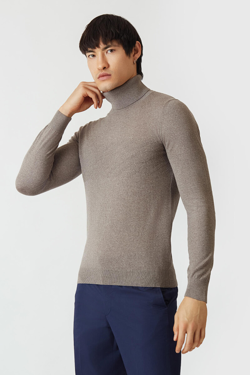 Regular Fit Tam Balıkçı Yaka Vizon Erkek Triko - 4