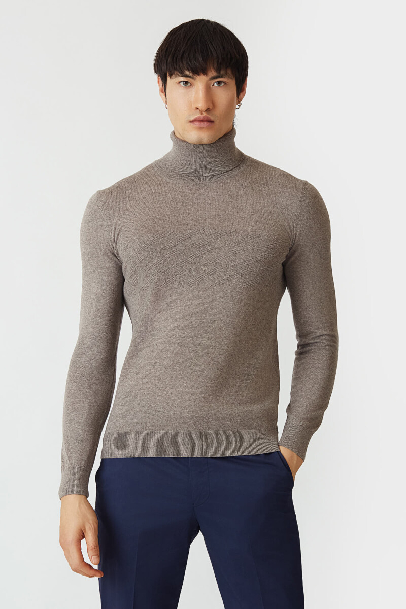 Regular Fit Tam Balıkçı Yaka Vizon Erkek Triko - 5