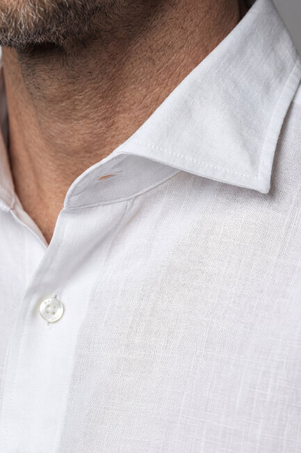Regular Fit Tek Cepli Keten Doğal Pamuk Beyaz Erkek Gömlek - 3