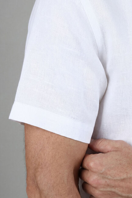 Regular Fit Tek Cepli Keten Doğal Pamuk Beyaz Erkek Gömlek - 5