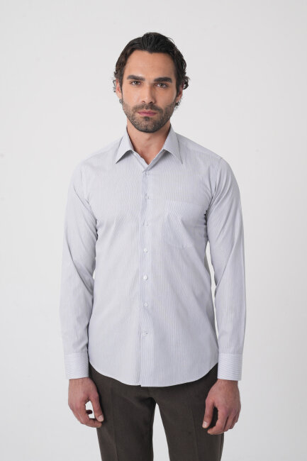 Regular Fit Tek Cepli Pamuk Çizgili Beyaz Erkek Gömlek