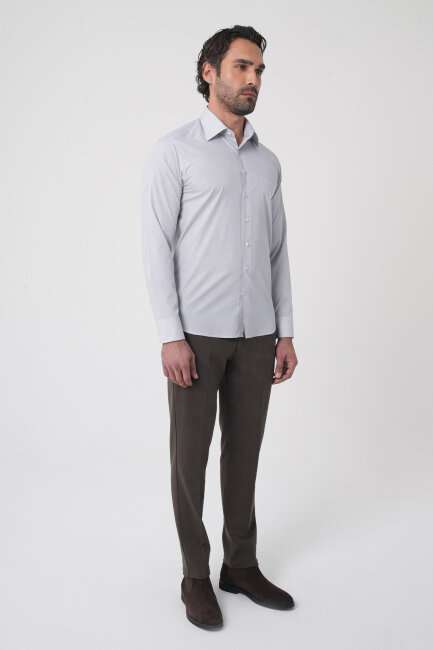 Regular Fit Tek Cepli Pamuk Çizgili Beyaz Erkek Gömlek - 4