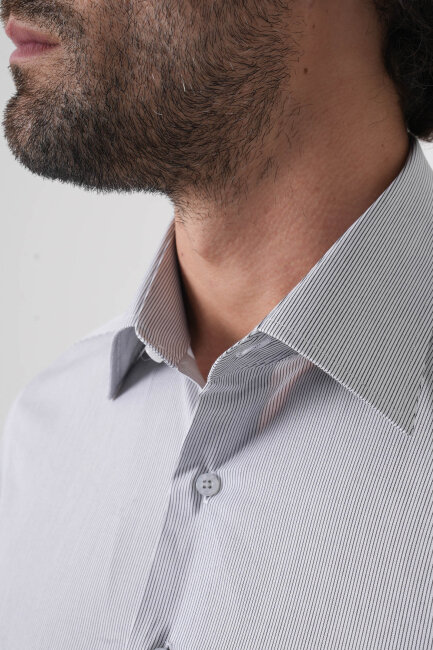 Regular Fit Tek Cepli Pamuk Çizgili Beyaz Erkek Gömlek - 6