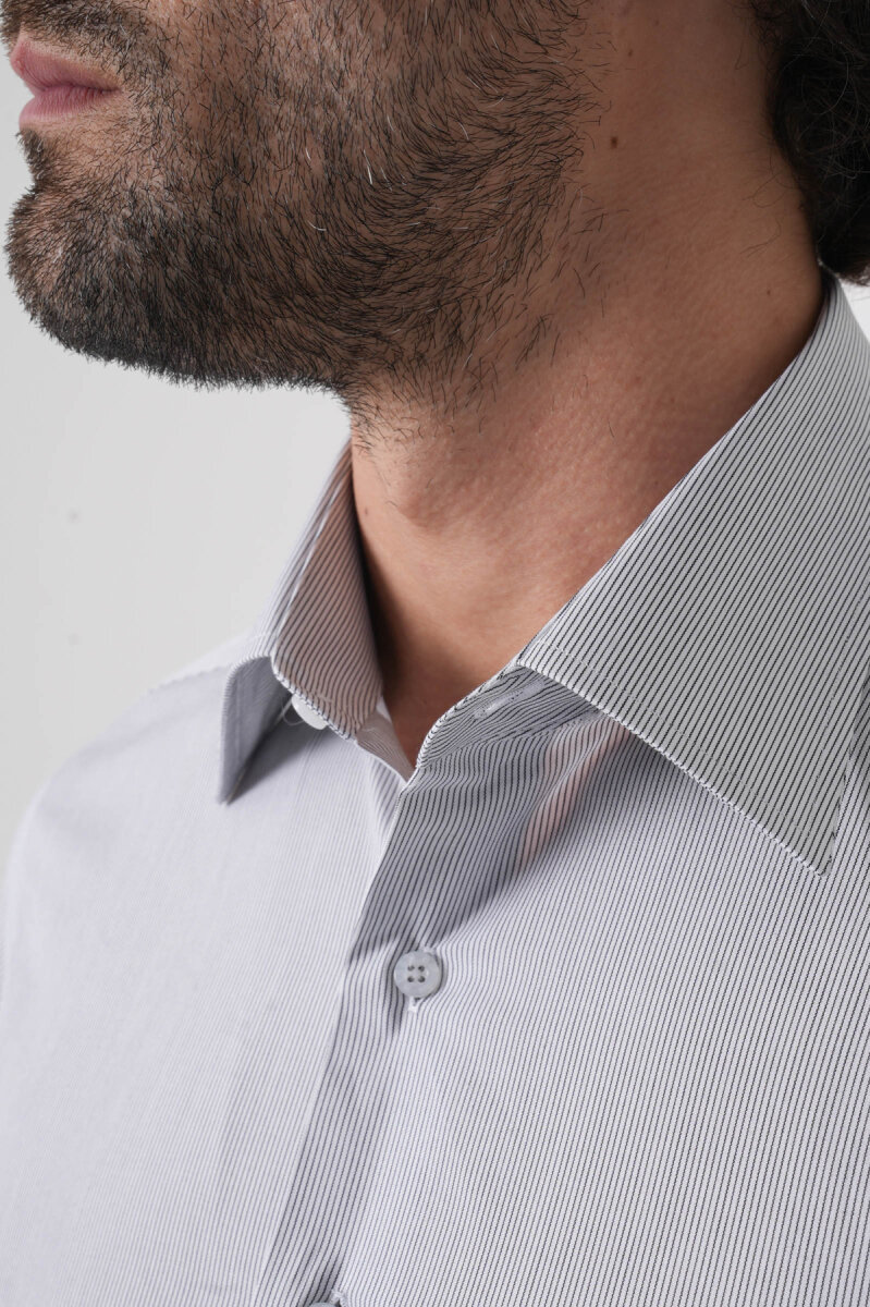 Regular Fit Tek Cepli Pamuk Çizgili Beyaz Erkek Gömlek - 6