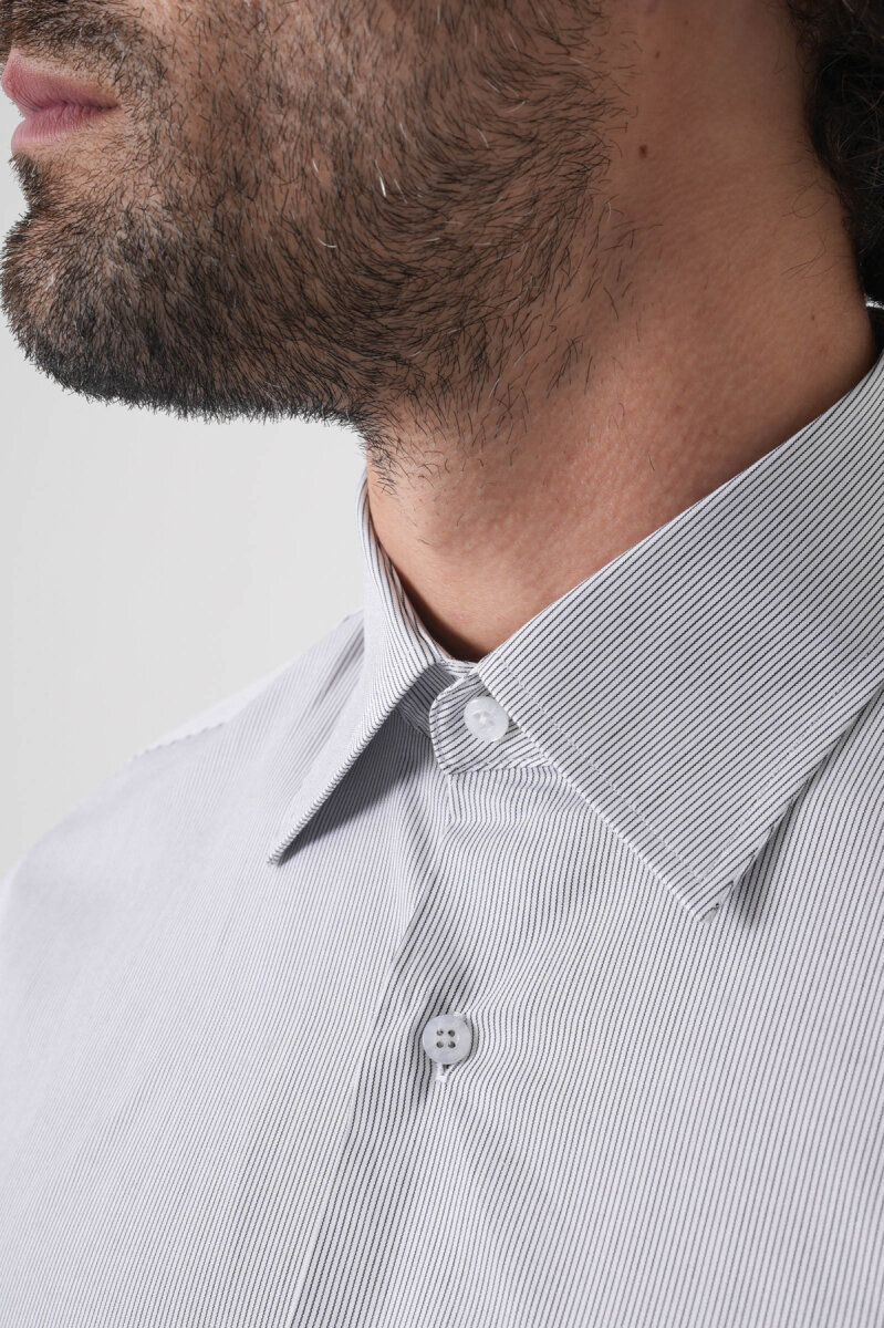 Regular Fit Tek Cepli Pamuk Çizgili Beyaz Erkek Gömlek - 7