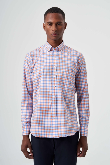 Regular Fit Turuncu Yazlık Ekose Paşa Yaka Spor Erkek Gömlek - 1