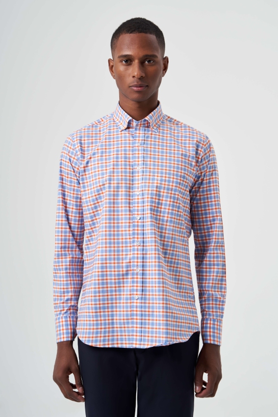 Regular Fit Turuncu Yazlık Ekose Paşa Yaka Spor Erkek Gömlek - 1