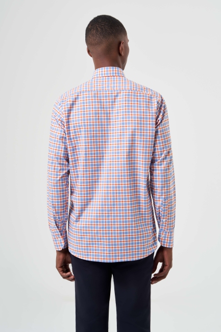 Regular Fit Turuncu Yazlık Ekose Paşa Yaka Spor Erkek Gömlek - 2